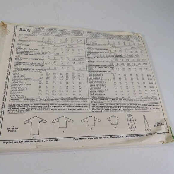 McCalls 3433 Clothing Pattern EASY kids Robe, Pants, Top; PJs, Marshal Arts - Picture 7 of 11